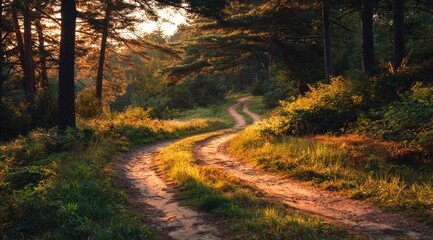 Obraz premium Golden sunlight streams onto a winding forest road. Lush greenery surrounds the path, bathed in warm hues of sunset