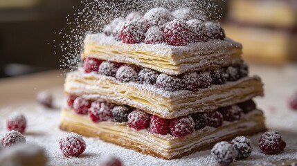 Delicious raspberry mille-feuille dessert dusted with powdered sugar