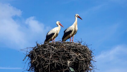 Fototapeta premium Two storks stand proudly atop a substantial nest against a brilliant azure sky.