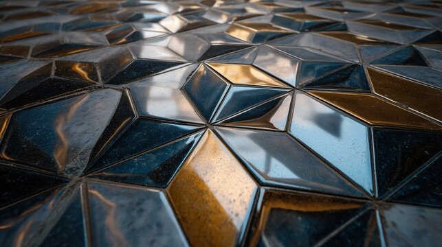 Close-up of glossy geometric hexagonal and triangular tiles with reflective blue and gold hues