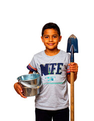 Young Boy Ready for Gardening with Bucket and Shovel.