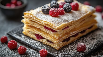 Delicious mille-feuille pastry with fresh berries and powdered sugar on a dark surface.