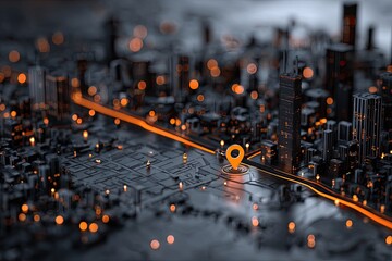 High-tech city map, pin location.  Urban digital landscape, glowing orange pin marks location on network of streets.  Dark, metallic texture