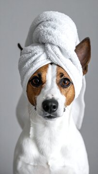 A dog wearing a towel turban