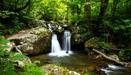Fototapeta premium Lush forest waterfall cascading over rocks
