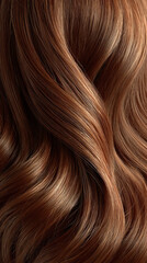 Naklejka premium Close-up of silky brown hair with smooth waves and rich highlights, showcasing glossy texture, flowing strands, and natural sheen that conveys health and vitality.