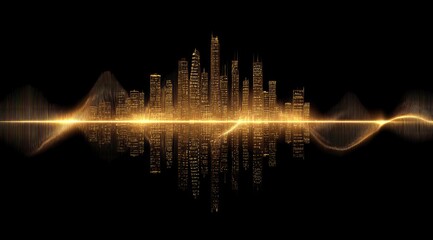 Golden city skyline with audio wave pattern