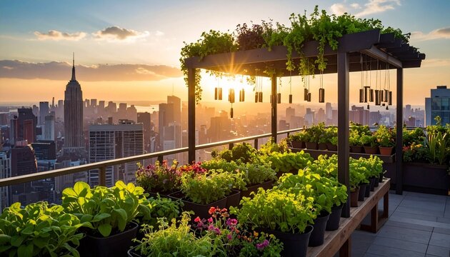 Wind chimes, city skyline backlight, carefree buzz., rooftop hydroponic garden jam session; herbs pots, tuneable
