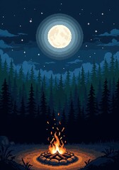 Pixel art depicting a serene night scene. A campfire crackles in the foreground, nestled within a dark forest under a large, bright moon and starry sky. Peaceful and atmospheric.