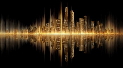 Golden city skyline, abstract audio waves