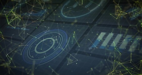 Floating blue circular holographic chart displaying data points on grid panels, with network nodes