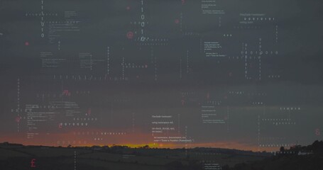 Fototapeta premium Displaying digital collage merging dusk sky over hills with floating binary digits, code symbols