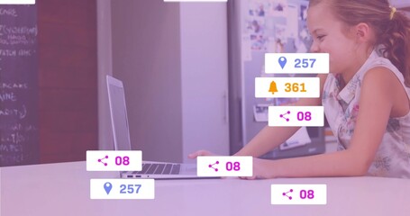 Reaching schoolgirl using silver laptop on table in office, floating notification icons, copy space