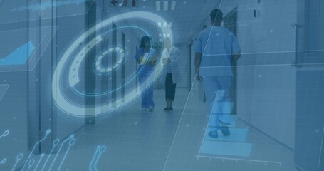 Assisting scrub-clad nurse guiding senior patient down hospital corridor, with digital HUD graphics