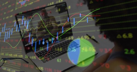 Business woman in sleeveless top analyzing chart overlay on laptop at home desk, copy space