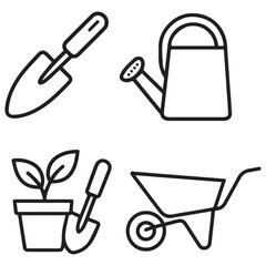 A set of simple line icons for gardening tools, featuring a shovel, watering can, pot with a plant, and wheelbarrow
