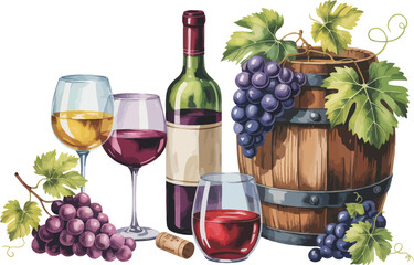 This elegant image presents a still life composition featuring red and white wine in bottles and glasses, accompanied by luscious bunches of purple grapes and a wooden barrel