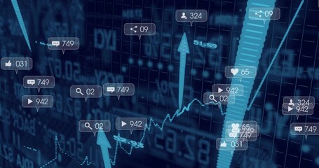 Presenting social media analytics with rising line chart, stacked bar, icon callouts on dashboard