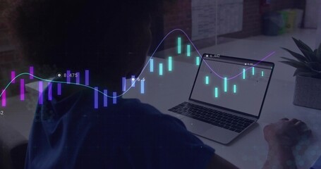 Woman in blue shirt studying candlestick chart on laptop at modern desk, with succulent, copy space