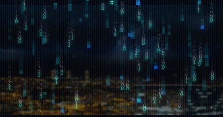 Cascading binary streams filling nighttime urban skyline, with glowing teal and blue squares