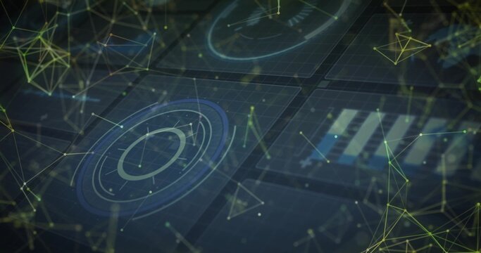 Floating blue circular holographic chart displaying data points on grid panels, with network nodes