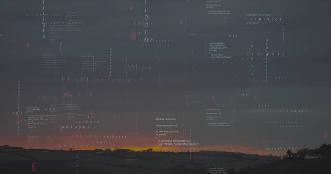 Fototapeta Displaying digital collage merging dusk sky over hills with floating binary digits, code symbols