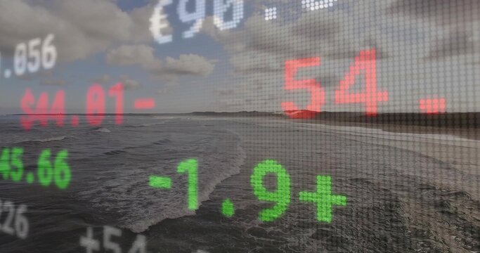 Displaying semi-transparent market overlay streaming over beach at cloudy coast, digital numbers