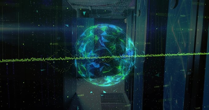 Floating holographic globe pulsing waveform across data center aisle with server racks, data points