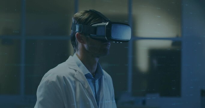 Male researcher wearing lab coat and VR headset exploring simulation in dim lab, grid partition