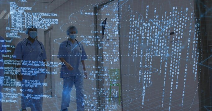 Walking two masked staff in scrubs with stethoscopes beside IV stand in corridor with code overlay