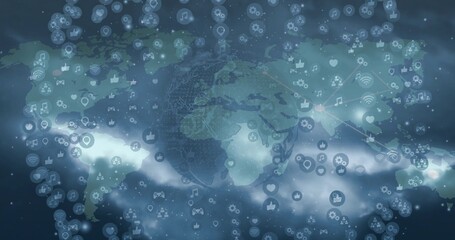 Floating world map over dark blue backdrop, digital icons, network lines, cloud-like light streaks