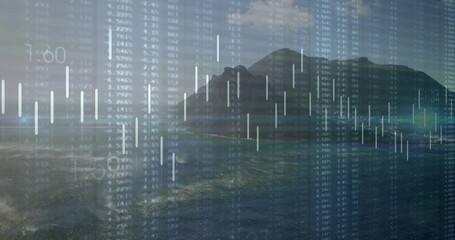 Overlaying candlestick and numeric data on dark mountain range at bay at dusk, with sea reflections