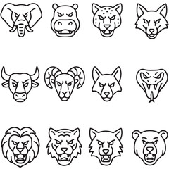 Vector animal head icons including lion, tiger, wolf, elephant, snake, bear, and more for logo and mascot design
