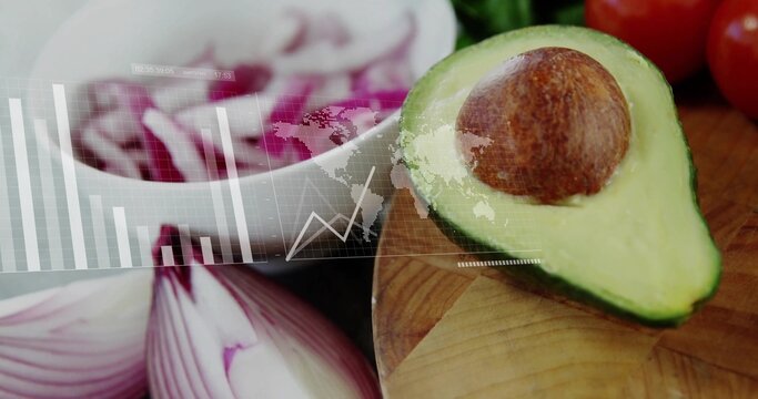 Displaying halved avocado on kitchen cutting board with red onion slices and data overlay