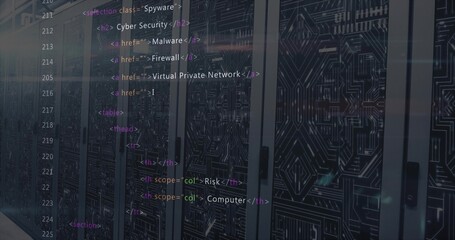 Displaying server cabinets with blinking LED lights in data center, showing cybersecurity HTML code