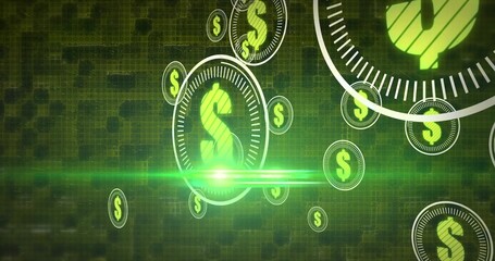Displaying neon green dollar coin icon glowing in digital grid interface with gauges, light streak