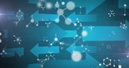 Displaying blue arrows pointing left in digital interface, with molecular icons and light flares