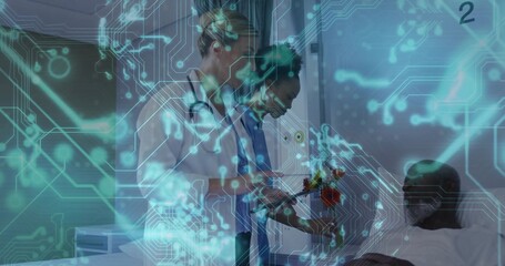 Two female doctors examining male patient in hospital room, with bouquet and network overlay