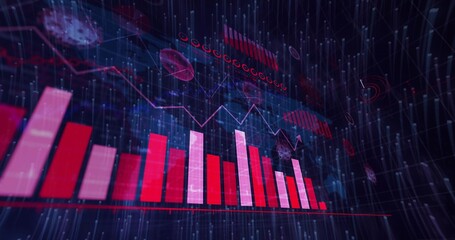 Red and pink vertical bar chart floating in virtual grid environment, with data points and nodes