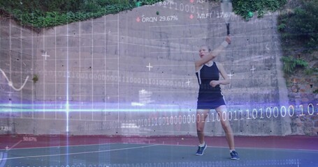 Tennis player in tank top executing backhand with racket on tennis court, data overlay, copy space