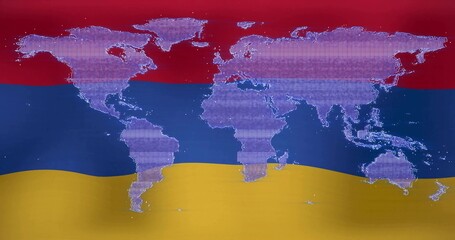 Naklejka premium Displaying pixelated world map overlaying tricolor flag stripes in digital art, with fabric texture