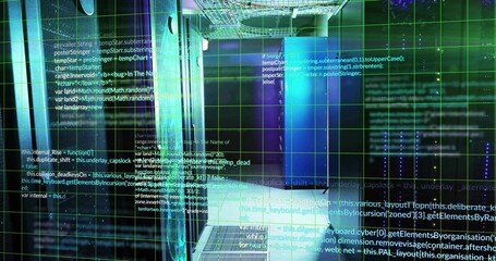 Projecting holographic code grid overlay across server racks in data center hallway, with cables