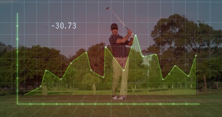 Swinging male golfer in polo shirt on fairway, with golf club and line graph overlay