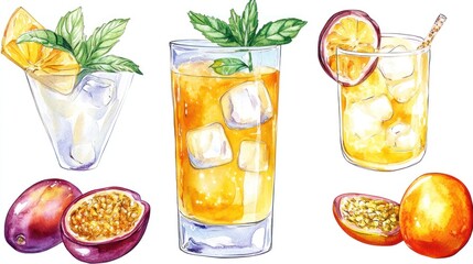 Passion Fruit & Orange Summer Cocktails Watercolor Illustration