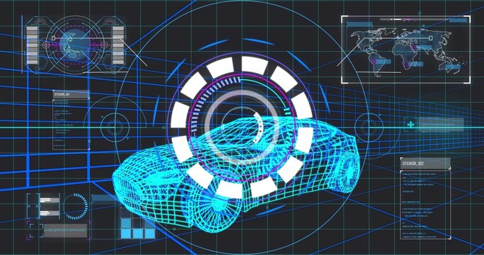 Displaying blue wireframe car model in digital workspace, with progress indicator and map overlay - Powered by Adobe