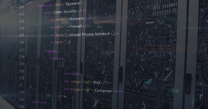 Displaying server cabinets with blinking LED lights in data center, showing cybersecurity HTML code