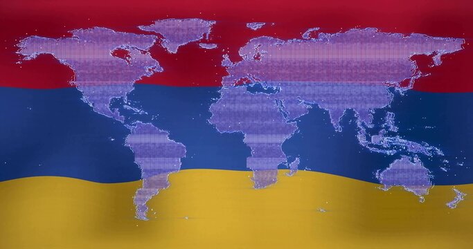 Naklejki Displaying pixelated world map overlaying tricolor flag stripes in digital art, with fabric texture