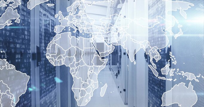 Displaying server racks lining data center aisle, showing cabling, LED indicators with map overlay