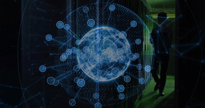 Holographic network globe hovering in data center rack aisle, with silhouetted technician walking