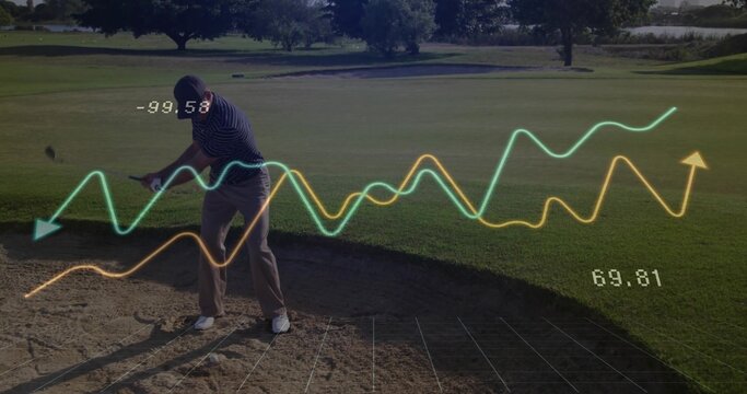 Wearing striped polo, swinging club at ball in bunker on golf course with AR waveforms, grid